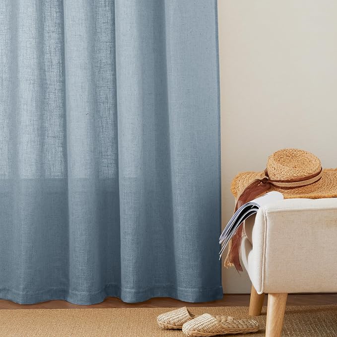 RYB HOME Semi Sheer Curtains for Small Window Doorway, Thick Linen Burlap Half Privacy Machine Washable Natural for Cafe Kitchen Glass Door, W 52 x L 45 inch, 2 Pcs, Dusty Blue