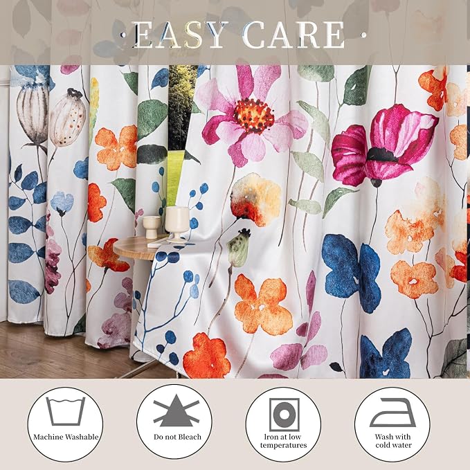 Floral 100% Blackout Curtains 96 inch long 2 Panels Set Rustic Vintage Flowers Botanical Leaf Pattern Black Out Curtains Thermal Insulated Darkening Window Drapes for Bedroom Living Room 52 x 96 inch
