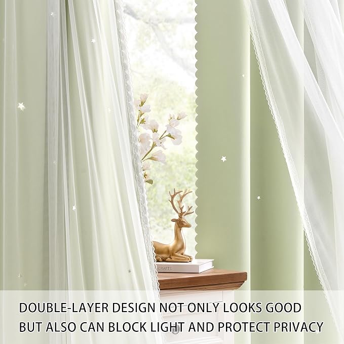 XiDi Star Blackout Sage Green Curtains for Nursery Kid Girls Bedroom Living Room 2 Panels Double Layer Thermal Insulated Star Cut Out Wall Home Decor Grommet Short Window Curtains Kitchen 34x45