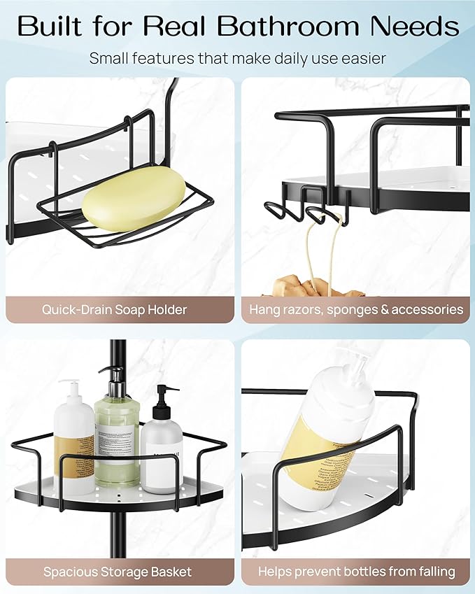 ALLZONE Corner Shower Caddy Tension Pole, 4 Hang-On Basket with Mixed-Height Shelves for Various Bottle Sizes, Extra Hooks & Soap Holder, Rustproof Stainless Steel, Fits 34–116 Inch, Black/White