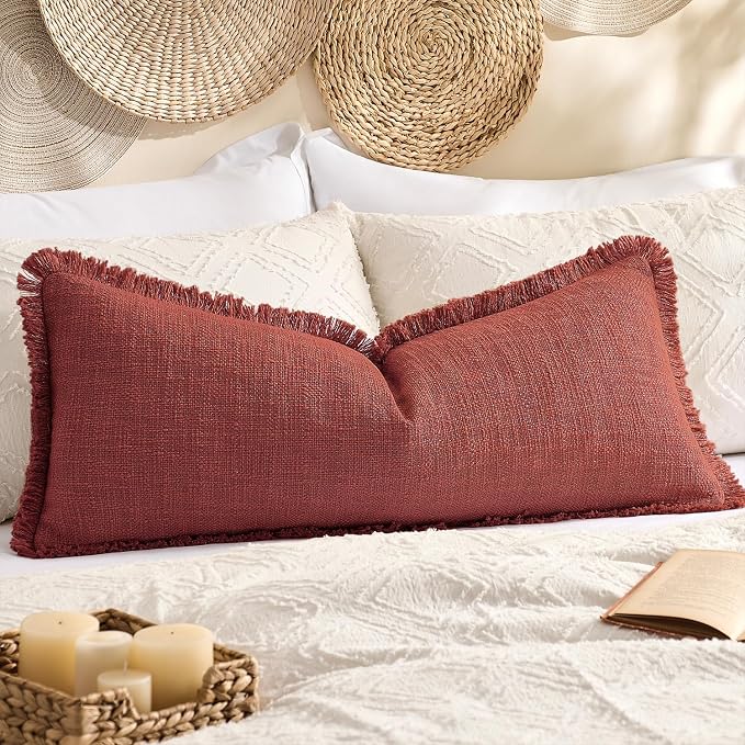 Kevin Textile 14x36 Inch Long Lumbar Pillow Cover 1 Pack Boho Fringe Decorative Rectangle Cushion Case with Tassels Neutral Cotton Woven Textured Farmhouse for Living Room Couch Sofa Bed, Burnt Brick