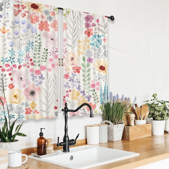 Riyidecor Colorful Floral Kitchen Curtains Short Pink Cute Boho Watercolor Wildflower Plant Leaf Botany Trendy Rod Pocket Aesthetic for Girl Bedroom Living Room Treatment Fabric 2 Panels 26Wx36H Inch