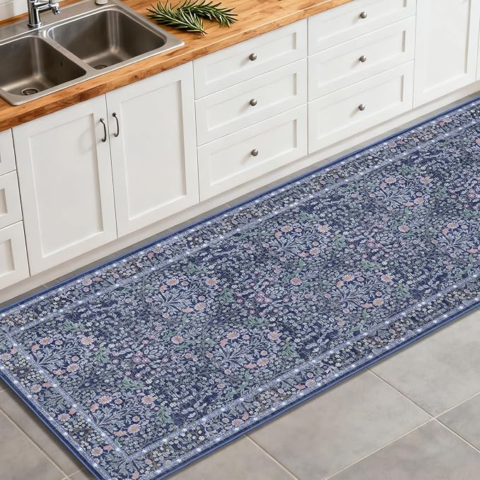 Washable 2'6" x 8' Runners for Hallways, Non Slip Long Floor Runner for Kitchen, Entryway Indoor, Stain Resistant Rubber Backing Floral Decor Rug (Blue)