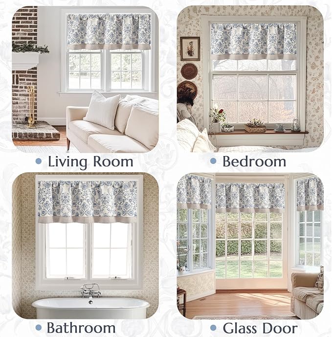 jinchan Linen Valance Kitchen Curtain for Windows Double Layer 16 Inch for Living Room Bedroom Window Treatment Light Filtering Vintage Rustic Farmhouse Cottagecore Rod Pocket 1 Panel Blue on Beige