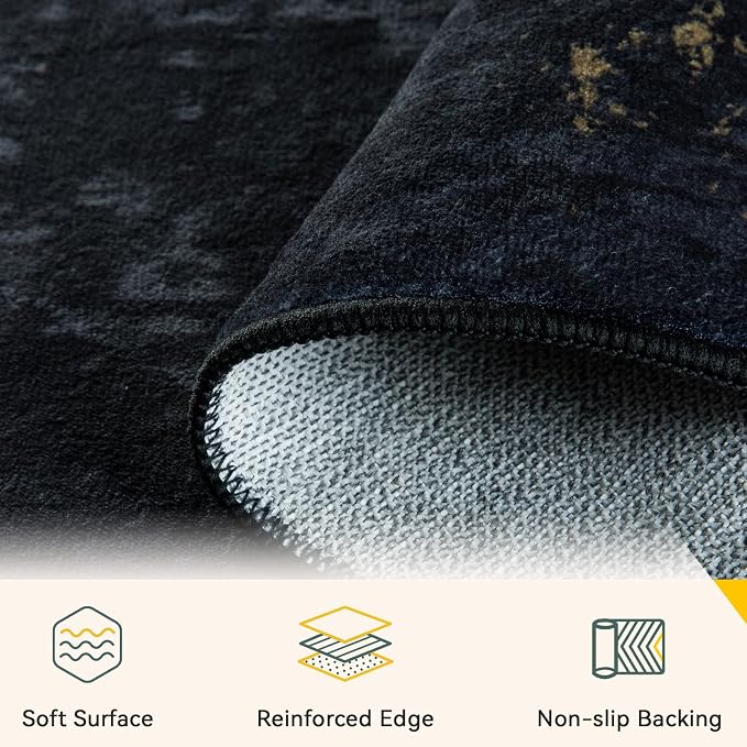 RELEANY Washable Area Rugs 4'x6' Non-Slip Modern Abstract Soft for Living Room Entryway Bedroom Kitchen, Print Pattern, Dark Black Gold