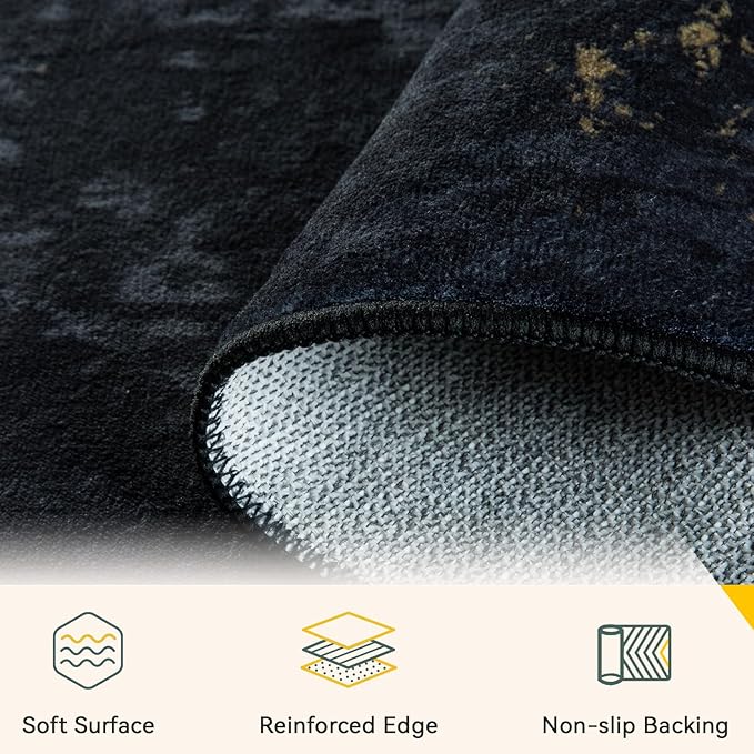 RELEANY Washable Area Rugs 5'x7' Non-Slip Modern Abstract Soft for Living Room Entryway Bedroom Kitchen, Print Pattern, Dark Black Gold