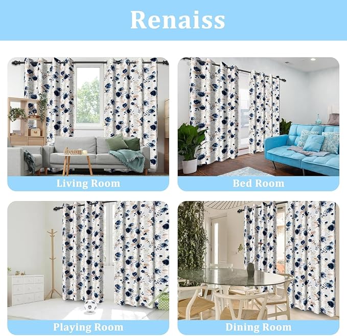 Renaiss Floral Blackout Curtains for Bedroom Pretty Rose Flowers Pattern Curtain & Drapes Thermal Insulated Black Out Curtain for Living Room 53W x 108L inches 2 Panel Set