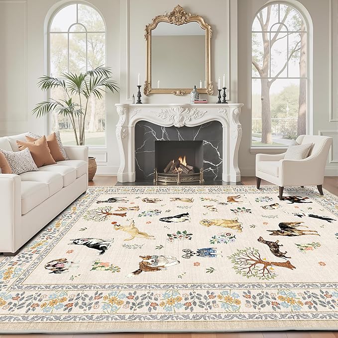 Beige Area Rugs 9x12 Living Room, Washable Dog Rug Non Slip Floral Low Pile Large Rug for Living Room, Bedroom, Farmhouse, Dining Room, Kids Playroom(9 x 12, Beige)