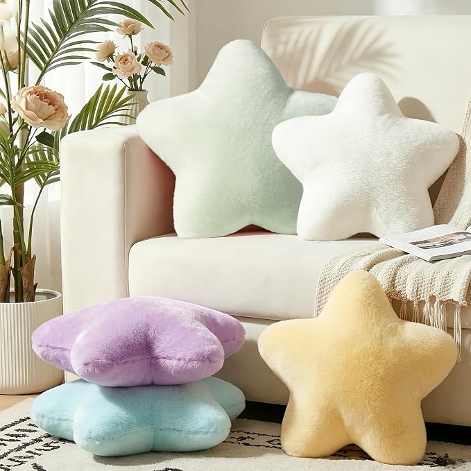 19 Inch Star Shaped Pillow Large Cute Decorative Throw Pillows for Couch Bed Sofa, Aesthetic Soft Faux Fur Floor Cushions for Living Room Bedroom Decor (Light Green, 19" x 19")