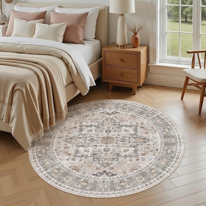 8ft Round Area Rug: Washable Vintage Neutral Soft Non Slip Thin Large Floor Carpet for Living Room Bedroom Kitchen Dining Room Home Office Farmhouse Indoor - Taupe