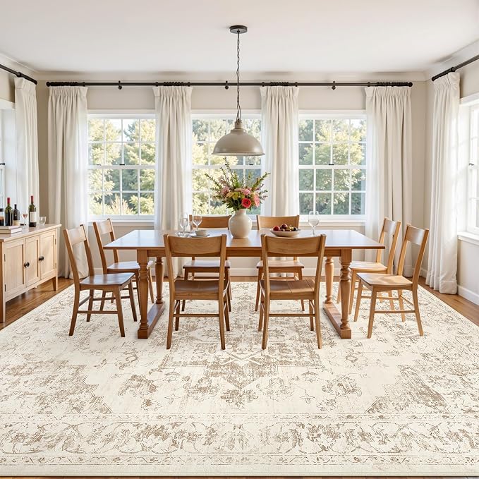 10x14 Area Rug for Living Room: Vintage Boho Neutral Washable Rug Indoor Soft Large Area Rug Carpet for Bedroom Nursery Farmhouse Dining Room Office Floor Non-Slip Low Pile Under Table Rug Beige/Ivory