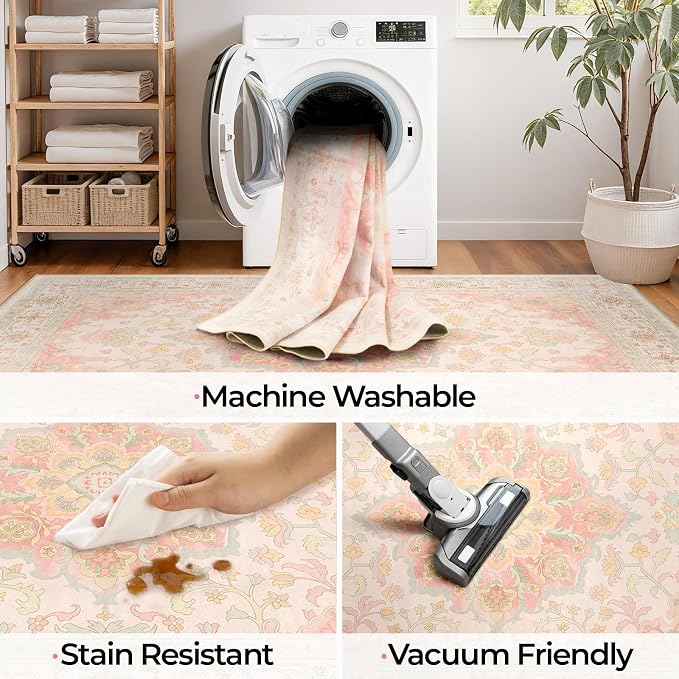 CAPALOCA Machine Washable Rugs Nursery Rug 4x6 Cute Girl Non Slip Low Pile Water Repellent Soft Print Pattern for Bedroom Indoor Decor Kids Playroom Pink Green