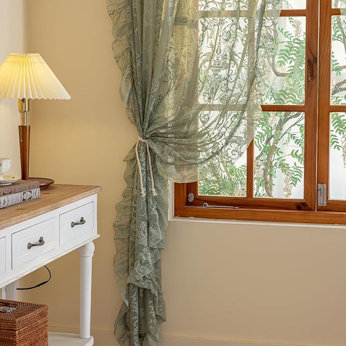 TUDECO Light Green Curtains 72 Inch Length - Aesthetic Green Floral Curtains 2 Panels, Embroidered Sheer Bohomian Ruffled Green Lace Curtain for Boys Bedroom Hallway, 59 x 72 Inch, Sage Green