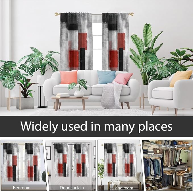 AAtter Red Window Curtain Black and White Grey Gray Modern Abstract Dark Mens Boys Cool Anime Minimalist Living Room Bedroom Rod Pocket Drapes Treatment Fabric 1 Pair Home Decor, 42" W x 63" L, Art