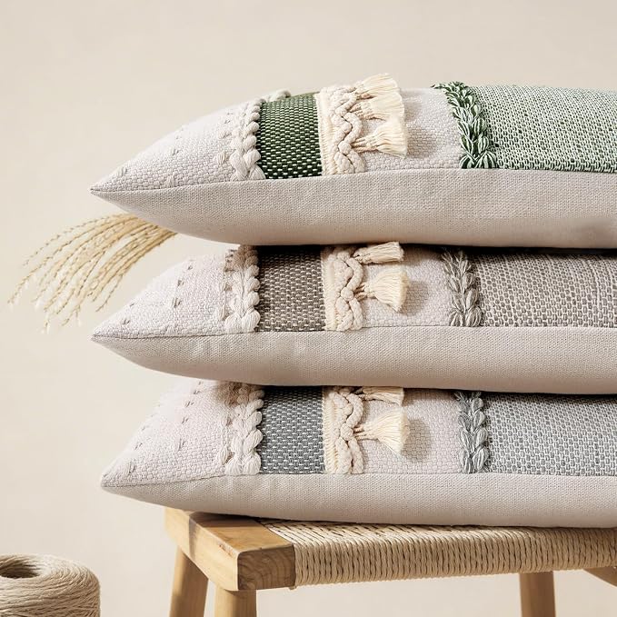 Kevin Textile 14x20 Inch Lumbar Throw Pillow Cover 1 Pack Boho Decorative Cotton Thread Woven Textured Tassel Rustic Farmhouse Rectangle Cushion Cover for Couch Sofa Chair Bed, Khaki