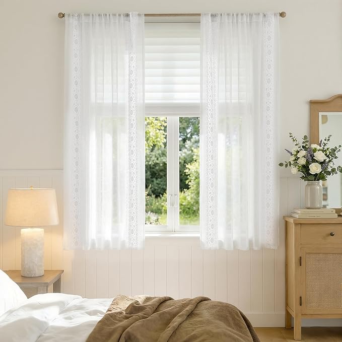 jinchan Weslie Floral White Sheer Curtains for Bedroom 63 Inch Long Embroidered Voile Farmhouse Linen Curtains for Living Room Bordered Flower Patterned Cottage Core Window Drapes 2 Panels Off White