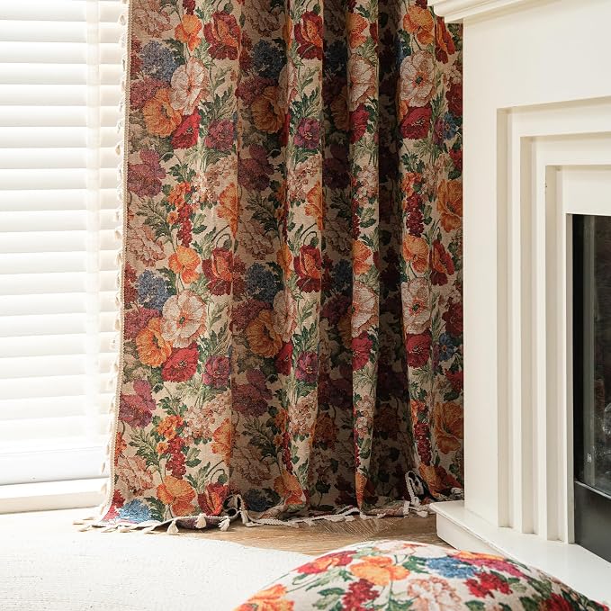 ENJOYBRIDAL Floral Curtains 63 Inch Long Semi Sheer Short Drapes Bedroom Rod Pocket Jacquard 2 Panels Window Curtains Farmhouse Boho Tassel Patterned Living Room Botanical Window Treatments