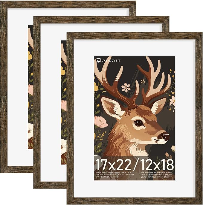 Picrit 17x22 Picture Frame 3 Pack, Wooden Brown Rustic Poster Frame, Display Poster 12 x 18 with Mat or 17 x 22 without Mat for Horizontal or Vertical Wall Mounting