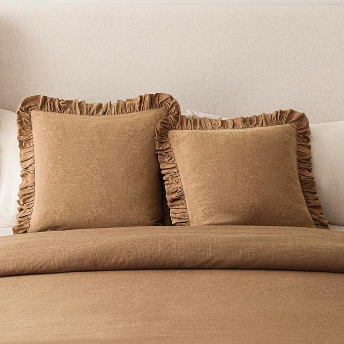 Foindtower Set of 2 Decorative Soild Fringe Ruffle Throw Pillow Covers Soft Boho Farmhouse Cushion Cover Cozy Accent Retro Pillowcase for Couch Sofa Bed Living Room Home Decor,22×22 Inch,Orange Brown