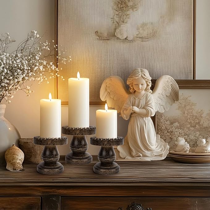 Small Candle Holder for Pillar Candle Set of 3, Farmhouse Wood Candle Holder, Rustic Wooden Candle Stand, Vintage Candle Stand Decorative for Living Room, Table Centerpiece, Black Gold