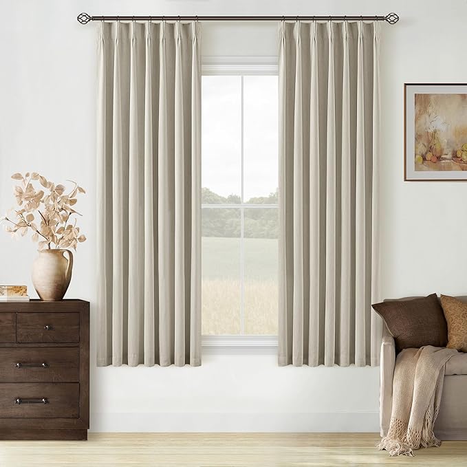Beige Black Out Curtains 63 Inch Long for Bedroom Pinch Pleated with Rings Hooks Back Tab Thermal Insulated Short Linen Blackout Drapes Farmhouse Living Room Darkening Kitchen Oatmeal Tan Curtains