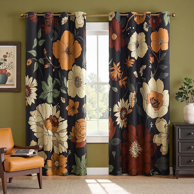 Lazzzy Floral Curtains for Bedroom Living Room Vintage Blackout Curtains 84 Inches Long Room Darkening Drapes Grommet Flower Patterned Window Treatments Set of 2 Panels, 52" x 84"