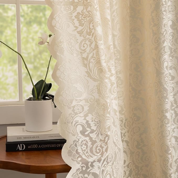 ALIGOGO Beige Curtains 108 Inches Long, Fancy Sheer Floral Lace Curtains for Living Room Bedroom, Light Filtering Rod Pocket Corchet CottageCore Window Treatments Set of 2, 52 x 108 Inch, Light Brown