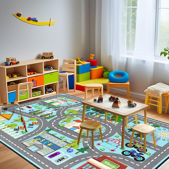 Car Rug Play Mat 4.5x6 Feet - Road Rug for Kids Boys Room, Fun Race Track Traffic Road Carpet for Boys Playmat Educational Learn, Car Carpet for Kids Room Decor Playmat Bedroom Playroom