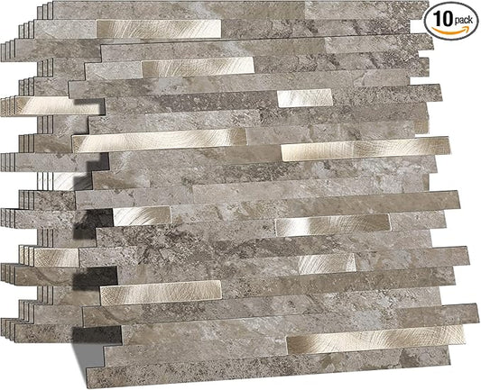 KASARO Peel and Stick Marble Backsplash Tile, 10 Sheets, Slate Marble with Vintage Silver Stripes, Self-Adhesive Wall Tile for Kitchen, Bathroom, Fireplace, RV (11.4” x 10.6”)