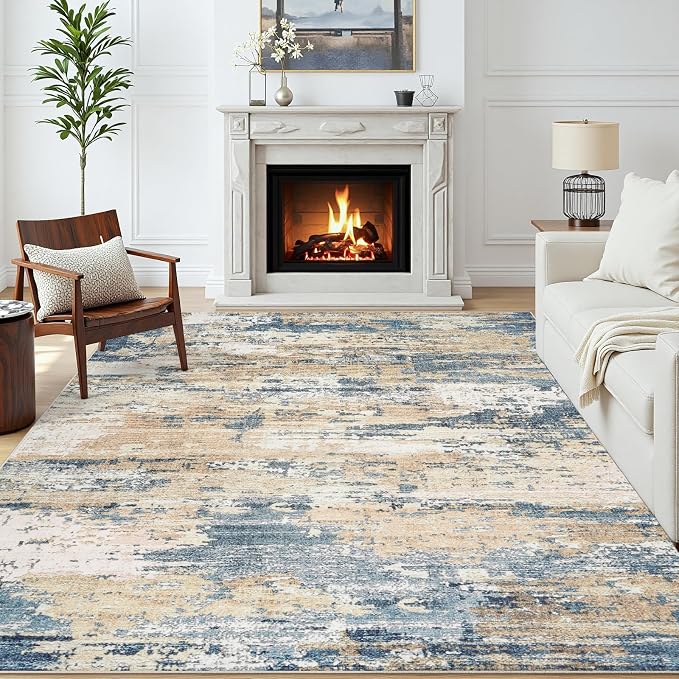 Area Rugs 5x7 Living Room: Large Soft Washable Rug Modern Abstract Anti-Skid Non-Shedding Carpet Indoor Floor Thin Carpets for Bedroom Dining Room Farmhouse Nursery Home Office Brown Blue