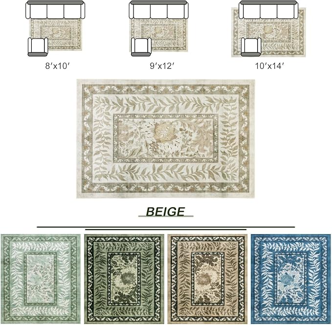 LIANLAM Washable Rug 9x12 Area Rugs for Living Room - Stain Resistant Non-Slip Backing Floral Design Rug for Bedroom,Durable & Ultra-Thin Vintage Large Area Rug(9x12,Beige)