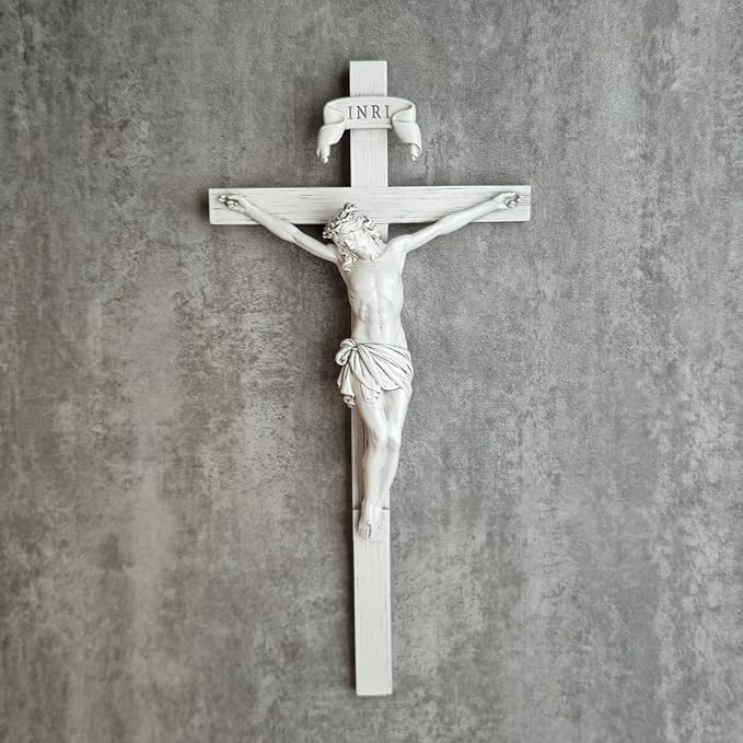 BC Catholic Crucifix Wall Cross, 10" H Jesus Christ Home Decor, Religious Gift, Wood Carved Look, Grey White Finish, Hand Painted by Buildclassic