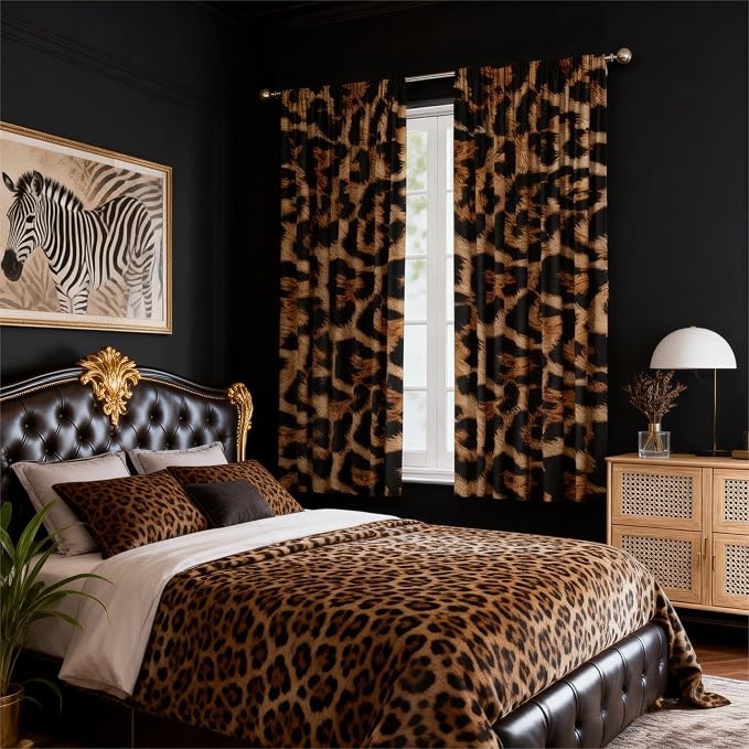 Leopard Print Curtains 29WX63H for Living Room Bedroom Cheetah Print Leopard Decor Brown for Bedroom Window Drapes Treatment Fabric 2 Panels