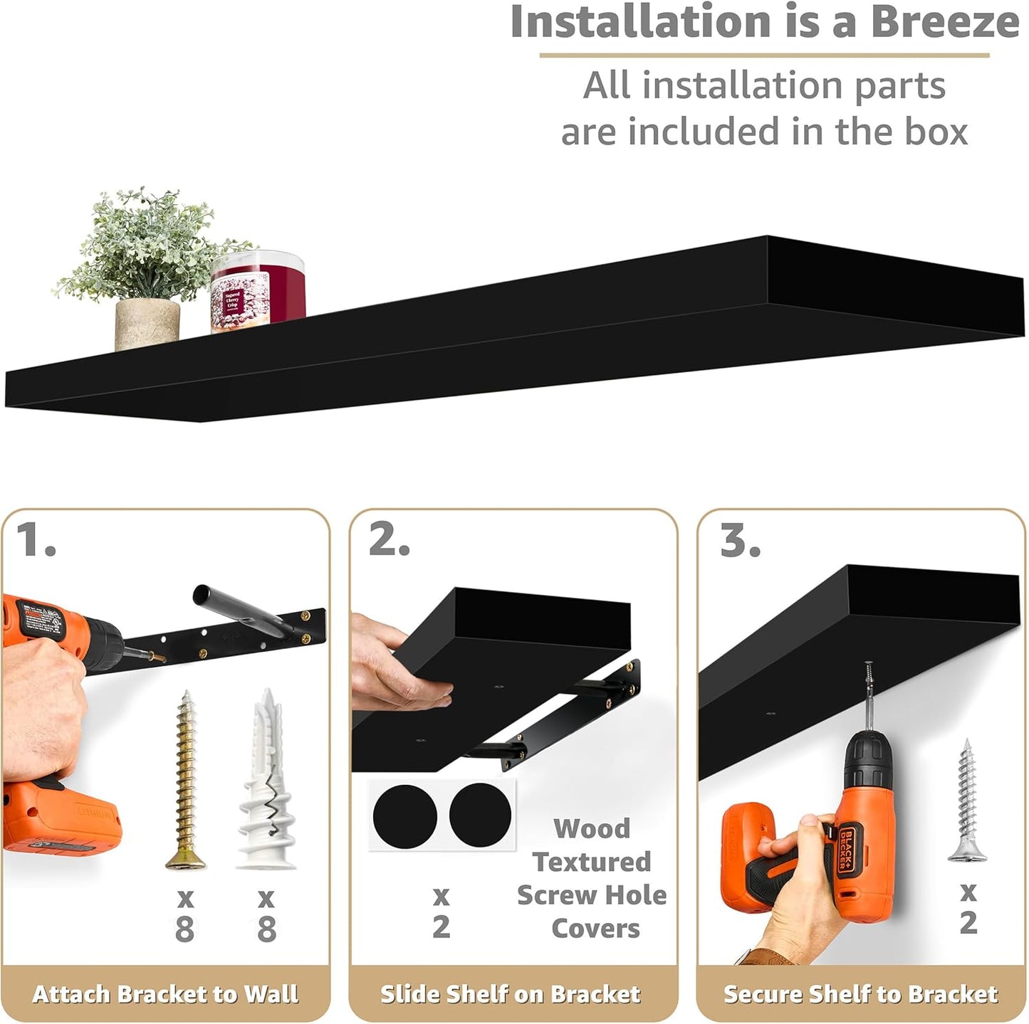 Sorbus Floating Shelves for Wall - 35 Inch Long Bathroom Shelves, Wall Decor for Bedroom, Kitchen, Living Room & Book Storage - Mounted Floating Shelf with Invisible Brackets (Black, 3 Pack)