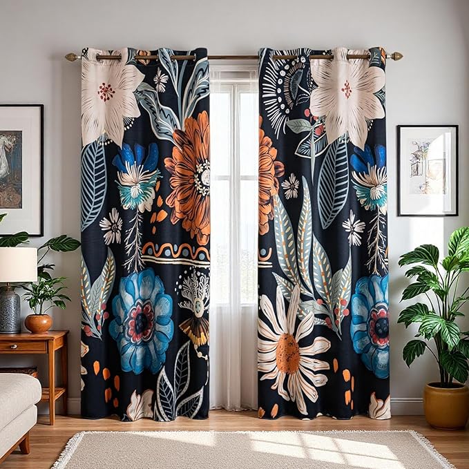 Black Boho Floral 100% Blackout Curtains 84 inch Long 2 Panels Set Vintage Blue Flower Patterned Black Out Curtains Room Darkening Thermal Insulated Window Drapes for Bedroom Living Room 52x84inch