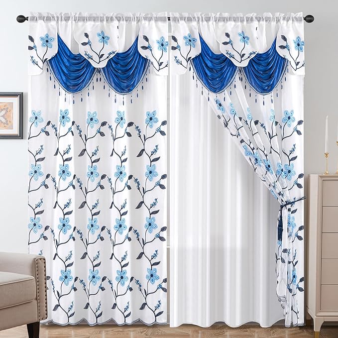 Petrichor Embroidered Sheer Curtain 2 Panels Set - Luxury Window Curtain Attached Valance with Satin Backing and 2 Tie Backs for Living Room,Dining Room, 54x84 inches, Navy