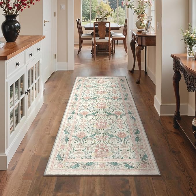 Bavni 2'6''x6 Runner Rug,Microfiber Washable Non-Slip Vintage Floral Rugs,Low Pile Lightweight Carpet for Bedroom,Hallway,Entryway,Kitchen,Bathroom, Beige&Pink