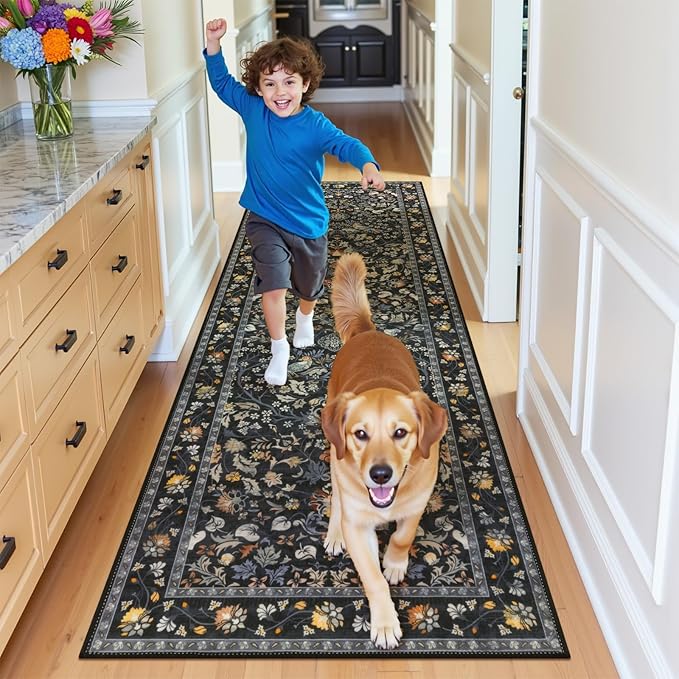 HEBE Washable Hallway Runner Rug 2'x 8' Non Slip Kitchen Rugs Runner, Low Pile Entryway Rug Laundry Room Mat Floral Carpet Runners for Hallways, Kitchen, Bathroom, Laundry, Bedside Rug