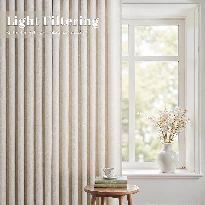 Natural Beige Pleated 94 Inch Boho Curtains for Bedroom 2 Panels Set,Farmhouse Linen Sheer Nursery Curtain Light Filtering Privacy Pleat Heavy Window Drapes with Hooks Rings 40" W x 94" L Length