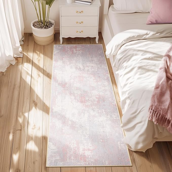 RELEANY Washable Area Rugs 2'x6' Non-Slip Modern Abstract Soft for Living Room Entryway Bedroom Kitchen, Print Pattern, Grey Pink