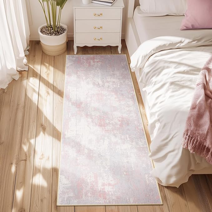 RELEANY Washable Area Rugs 2'x8' Non-Slip Modern Abstract Soft for Living Room Entryway Bedroom Kitchen, Print Pattern, Grey Pink