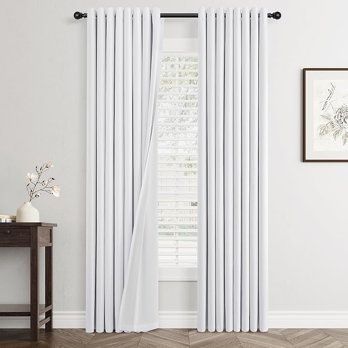Jowels White Linen Blackout Curtains 80 Length 2 Panels Set for Living Room Bedroom, 100% Black Out Thermal Insulated Linen Drapes, Room Darkening Grommet Curtains 80 Inches Long
