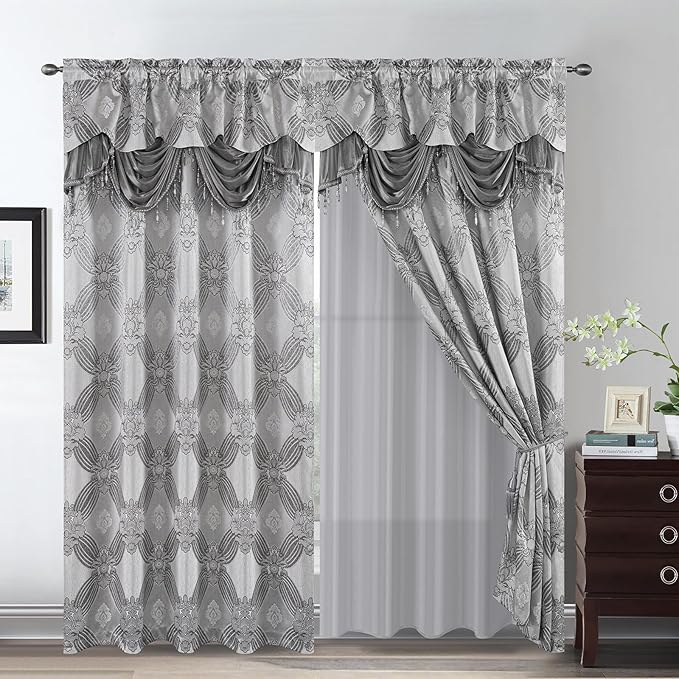 Petrichor Elegant Curtains with Gold Silver Threads 2 Panels Set - Luxury Window Treatment Attached Valance, Sheer Backing, and 2 Tie Backs for Bedroom and Living Room, 54x63 inches, Silver