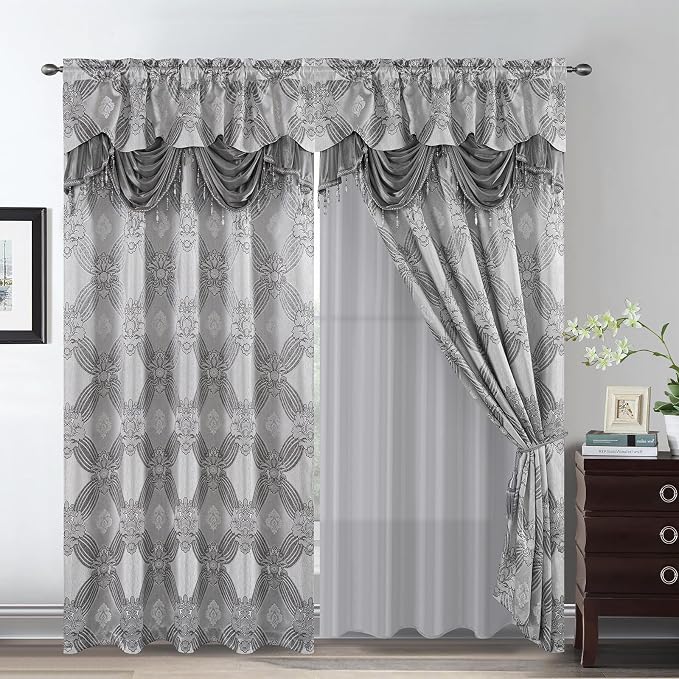 Petrichor Elegant Curtains with Gold Silver Threads 2 Panels Set - Luxury Window Treatment Attached Valance, Sheer Backing, and 2 Tie Backs for Bedroom and Living Room, 54x95 inches, Silver
