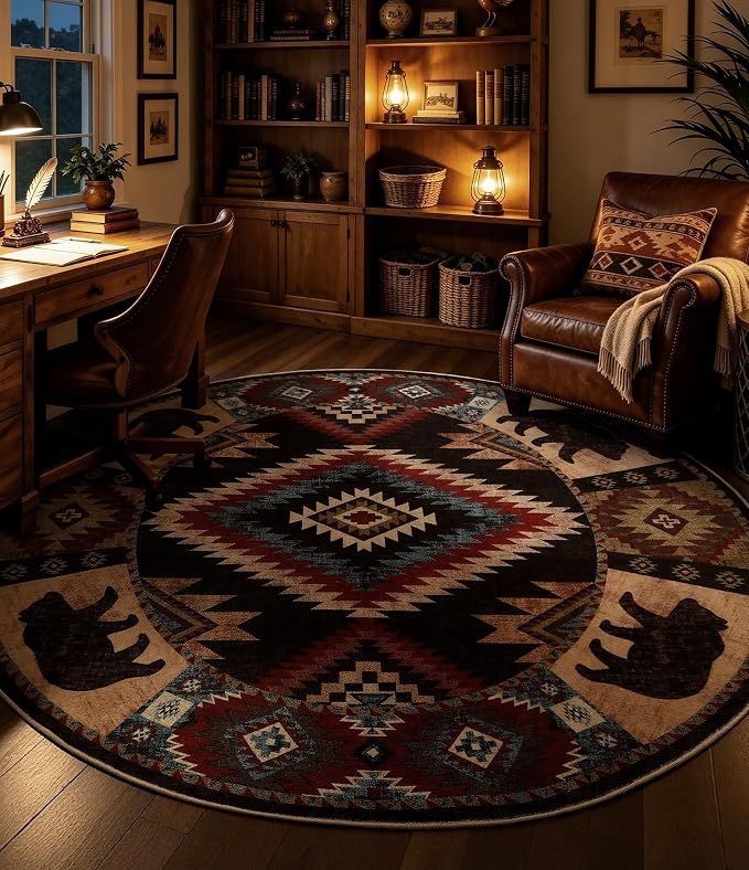 YIHOUSE Southwestern Round Rug 4ft, Low Pile Soft Circle Rug with Non-Slip Backing, Western Rustic Washable Rugs for Living Room, Bedroom