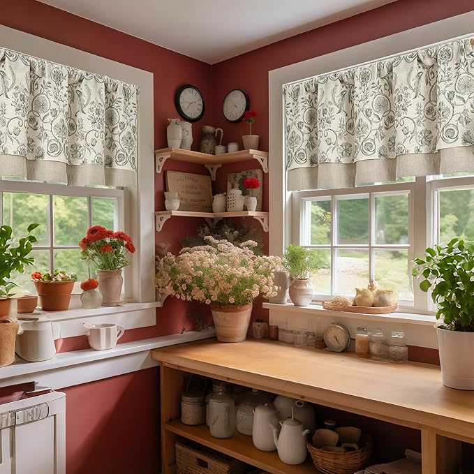 jinchan Linen Valance Kitchen Curtain for Windows Double Layer 18 Inch for Living Room Bedroom Window Treatment Light Filtering Vintage Rustic Farmhouse Cottagecore Rod Pocket 1 Panel Green on Beige