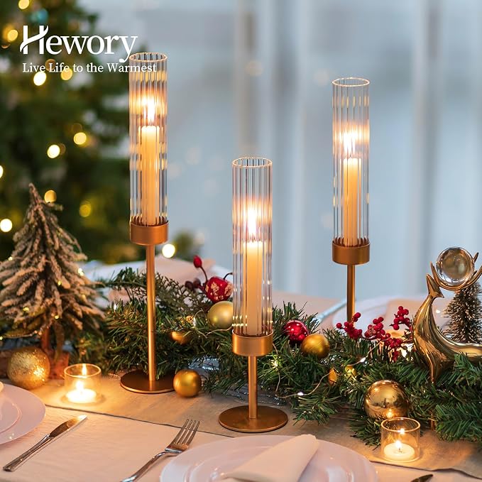 Hewory Gold Hurricane Candle Holders: 12 PCS Brass Tall Candlestick Taper Candle Holders Bulk for Candlesticks Candle Sticks Holder Decor for Table Centerpiece Wedding Party Christmas Decorations