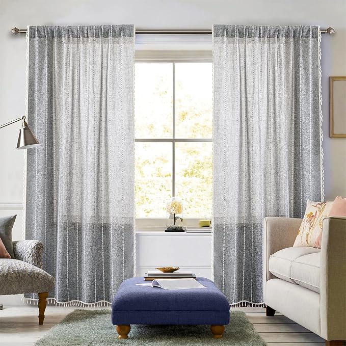 RoomTalks Dark Gray Boho Farmhouse Curtains for Bedroom Living Room 84 Inch Length French Cabin Rustic Country Cute Charcoal Window Curtain Panels Bohemian Chic Tassel Draperies, 84’’L x 52’’W