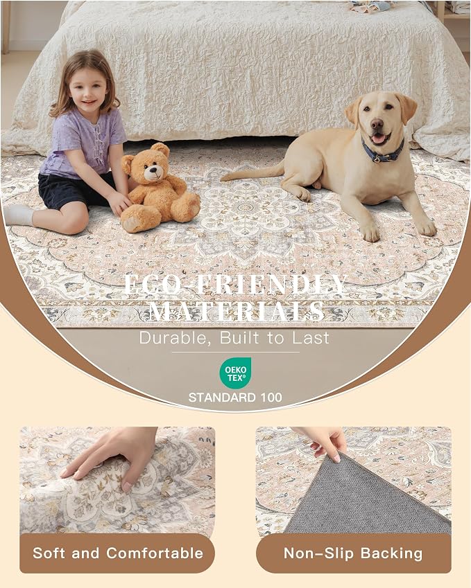 Madane Washable Runner Rug 2x6 Runners for Hallways Non Slip, Pink/Gray | Vintage Stain-Resistant 6 Feet Kitchen Rug, Soft Low-Pile Ultra-Thin Floor Carpet Mat for Bathroom Laundry Room Bedroom 2x6ft