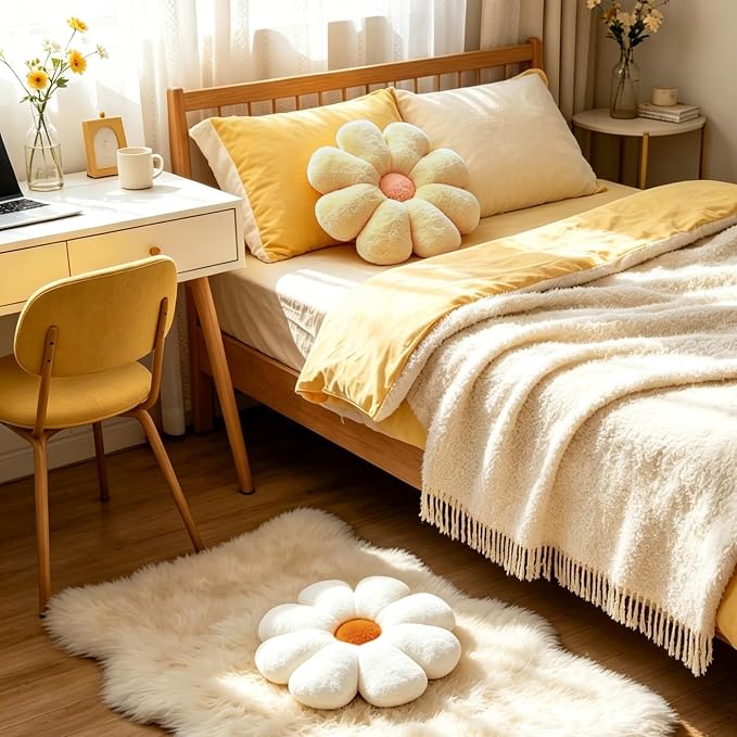 2 Pcs Flower Pillow, Yellow White Daisy Flower Throw Pillows Set, Cute Preppy Room Decor Aesthetic Decorative Throw Pillows Floor Cushions for Girls Bedroom Bed Sofa Chair Decor (Yellow & White)